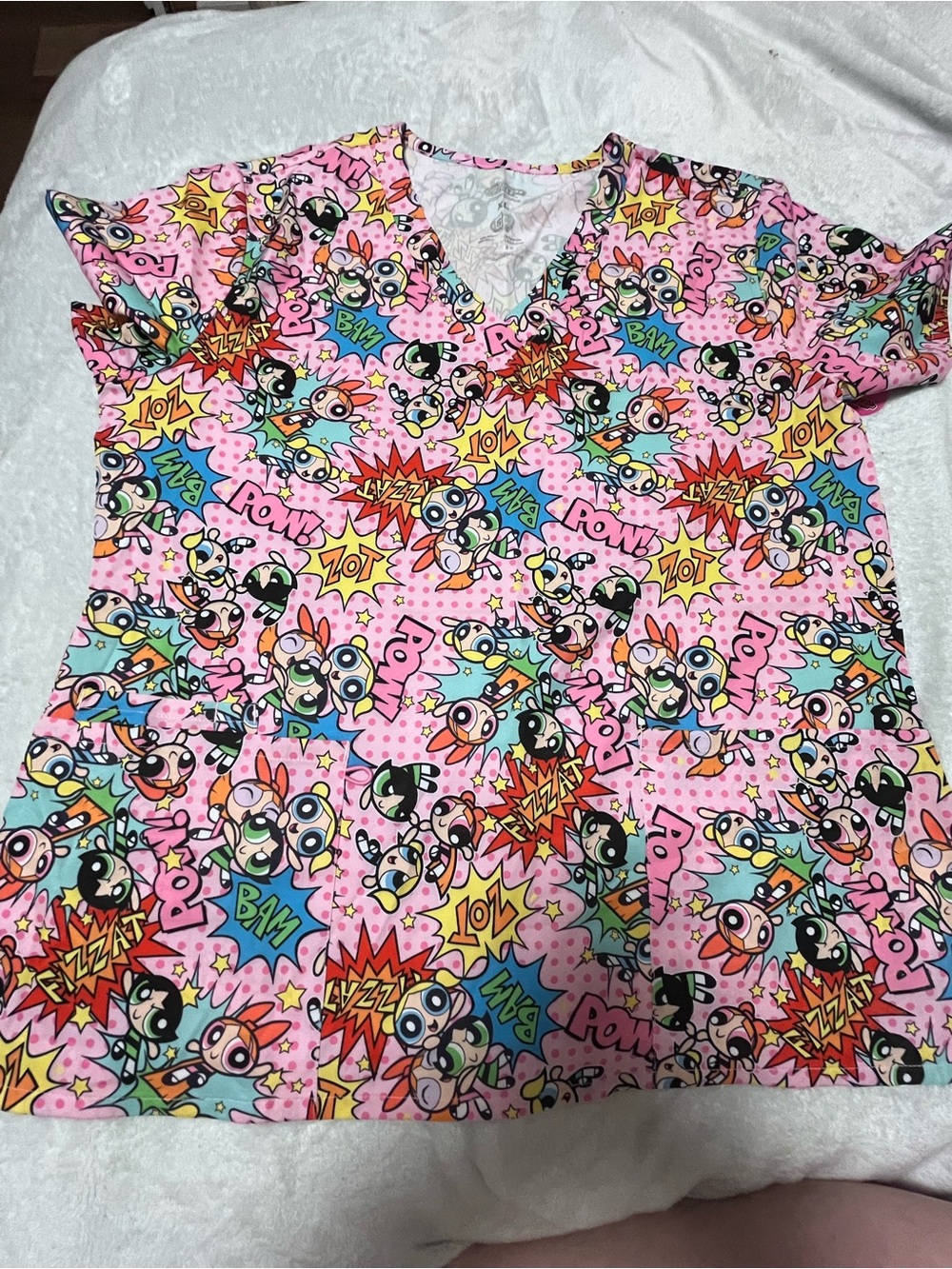 Pink Powerpuff Girls Print Scrub Top
